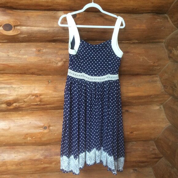 Ryu Anthropologie Blue/White Polka Dot Lace Vintage Inspired Swing Lined Dress L - Picture 2 of 6